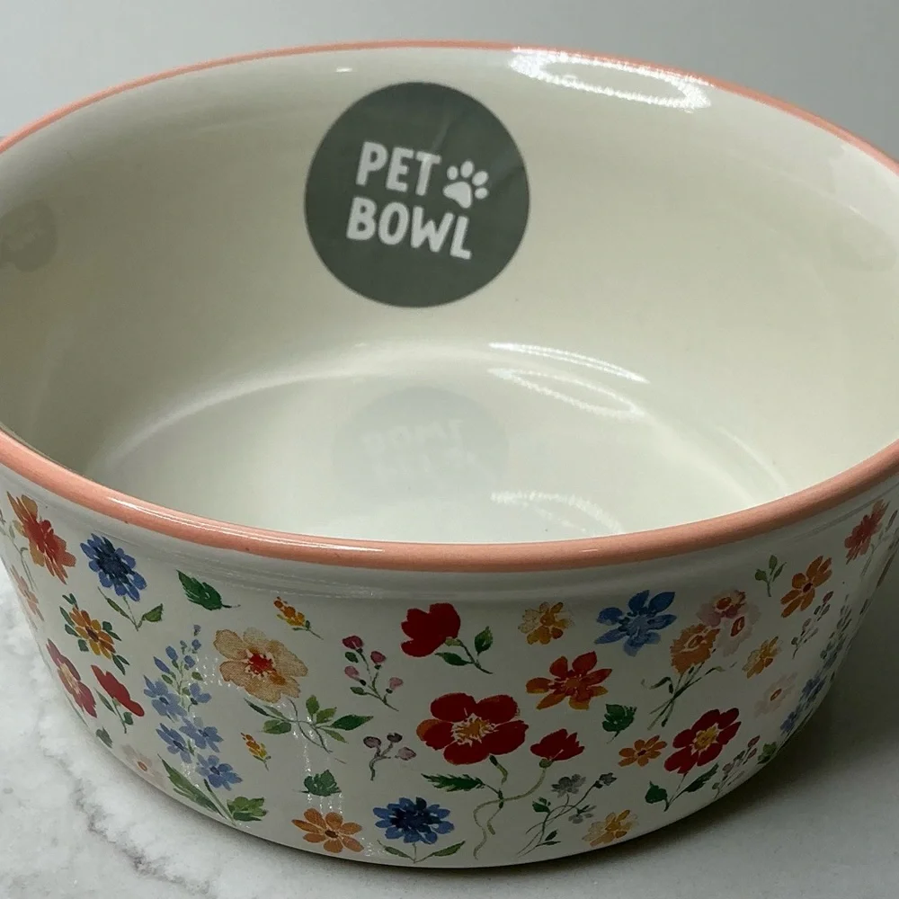 Rockybear pets Floral Pet Bowl with pink Rim, Multicolor flowers. New